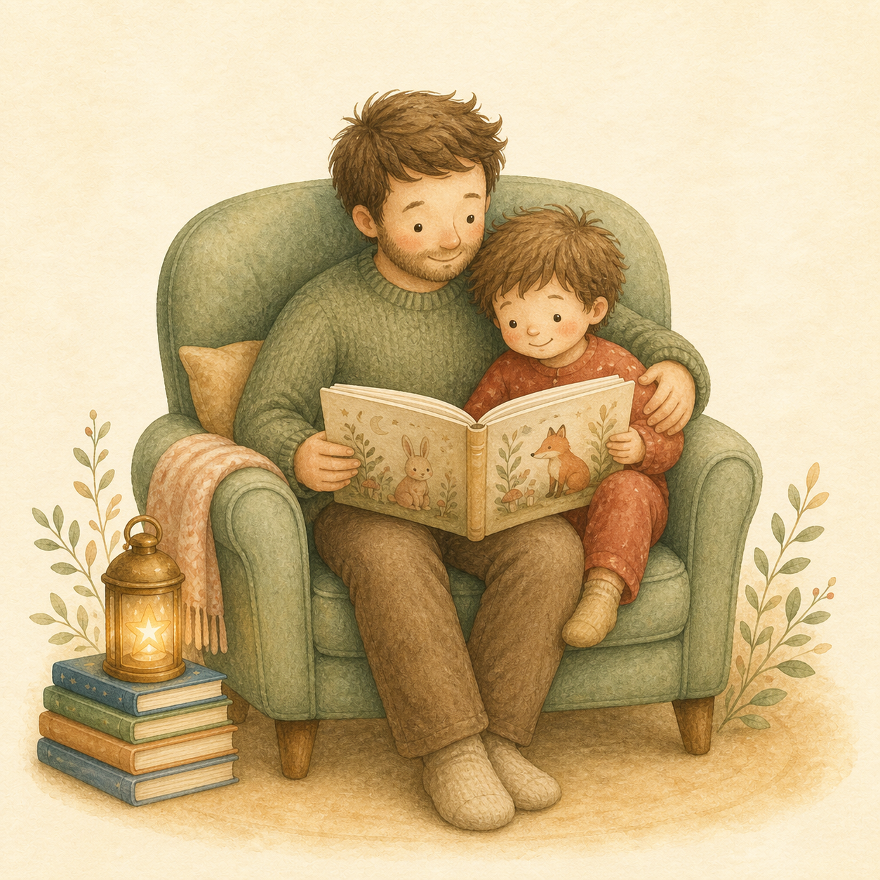 A storybook father and son sitting together in a green armchair, reading a picture book beside a warm lantern
