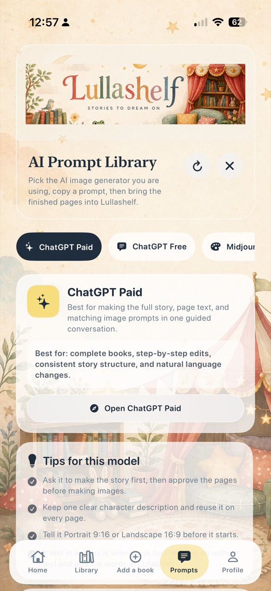 Lullashelf app prompt library screen