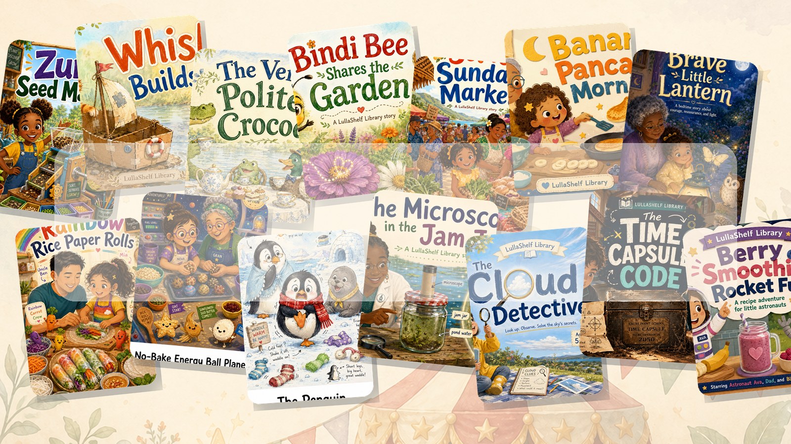 Collage of Lullashelf free story title pages