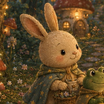 A rabbit and frog spending time together in their woodland village