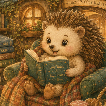Hazel the hedgehog reading a book in a cosy woodland chair