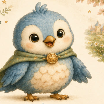 Pip the little blue owl in a starry scarf