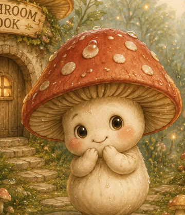A smiling little toadstool friend outside a woodland home