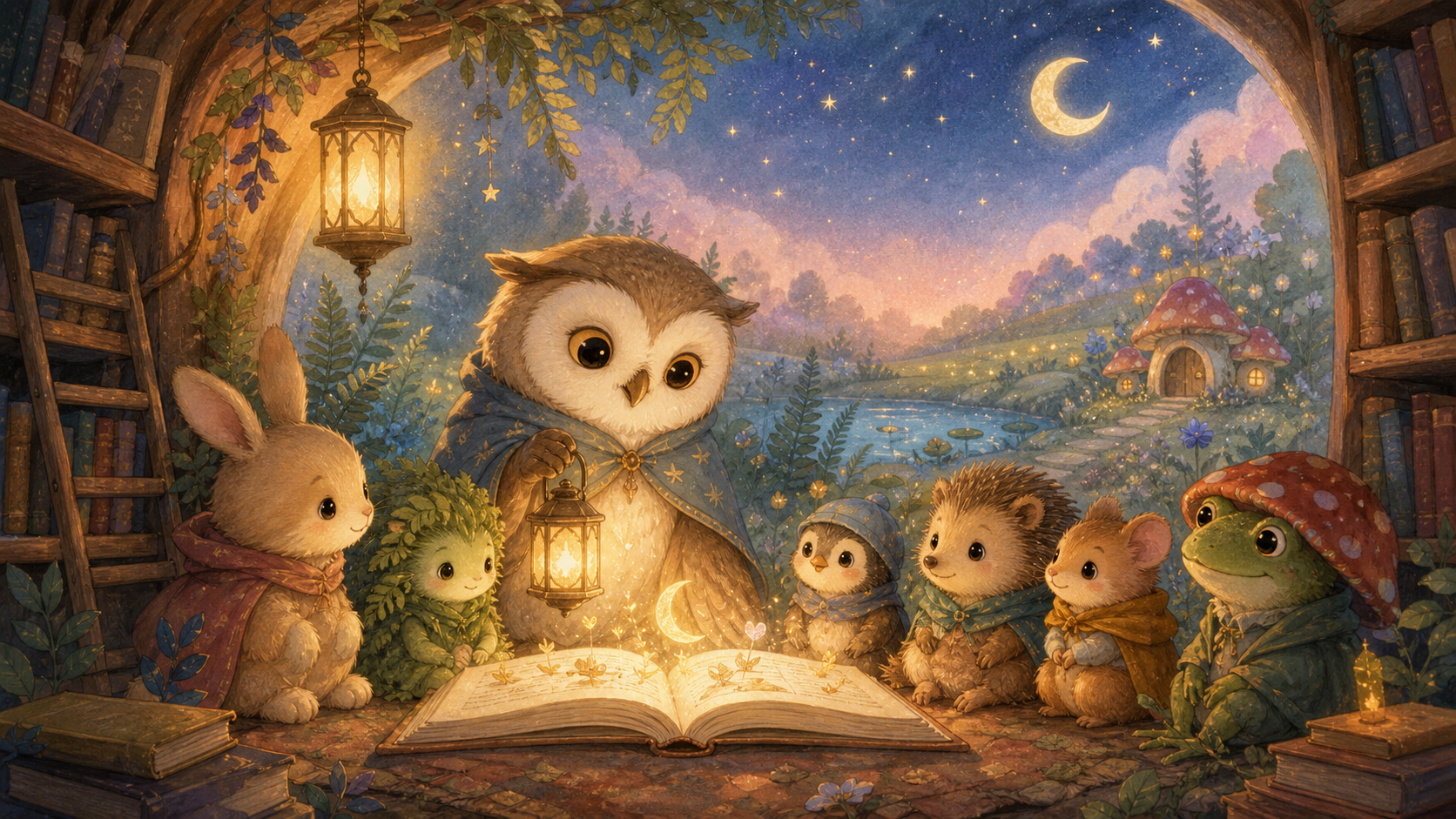 The Lulla World friends—owls, a rabbit, a little woodland creature, a hedgehog, a mouse and a frog—gather around an open storybook under a glowing lantern